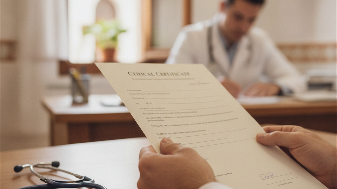 Persona sosteniendo un parte médico de baja laboral junto a un estetoscopio en una consulta en España