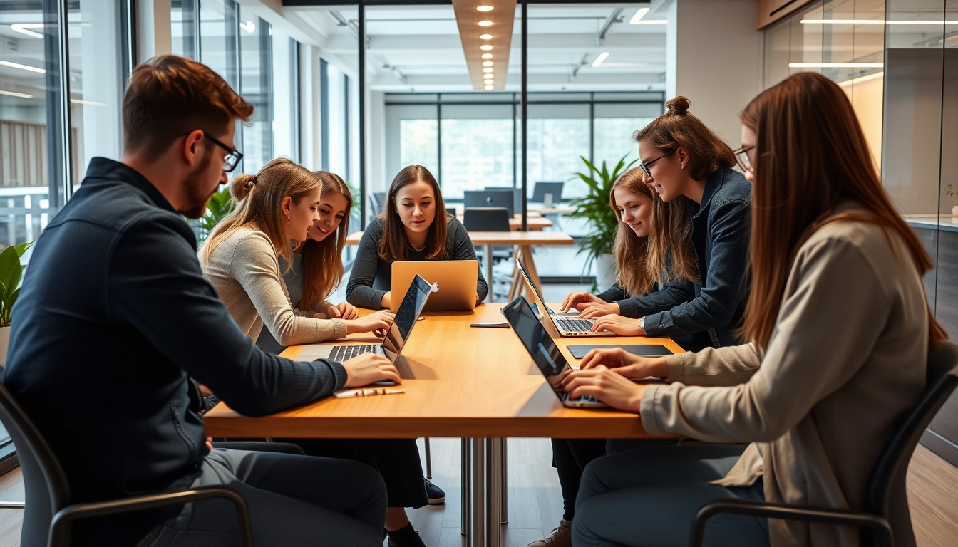 jovenes colaborando en oficina espanola