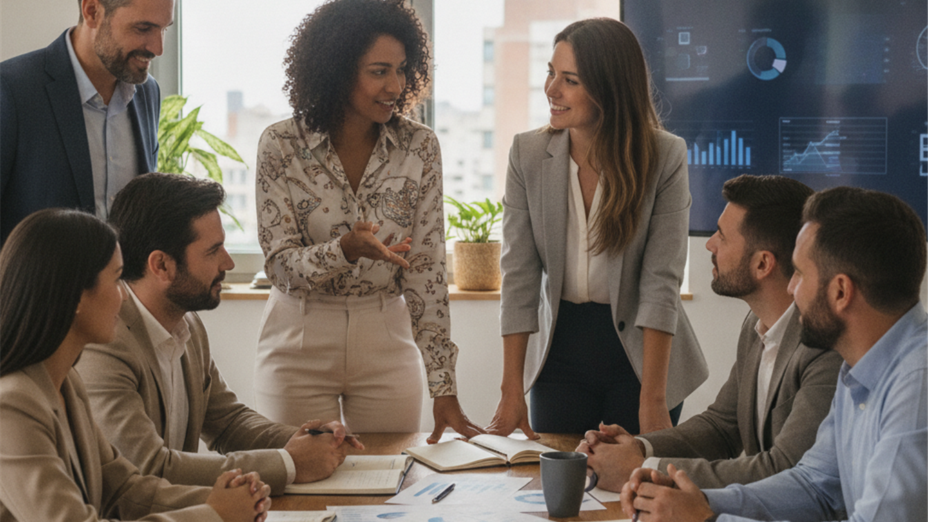 equipo de trabajadores espanoles colaborando en oficina