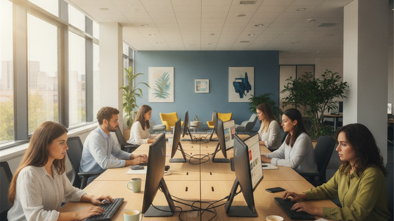 trabajadores buscando empleo en oficina moderna en España
