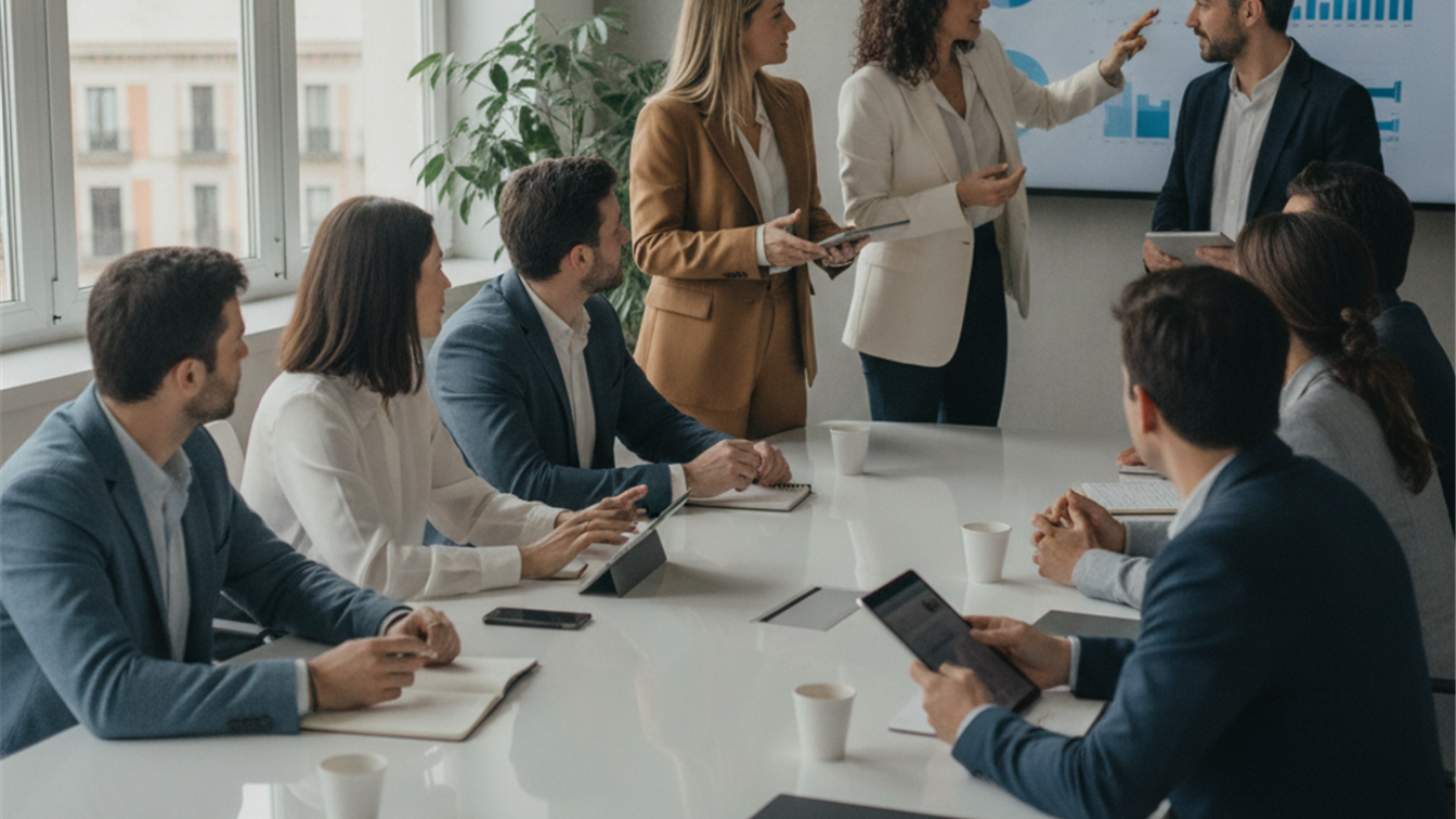 equipo de trabajo colaborando en oficina en España