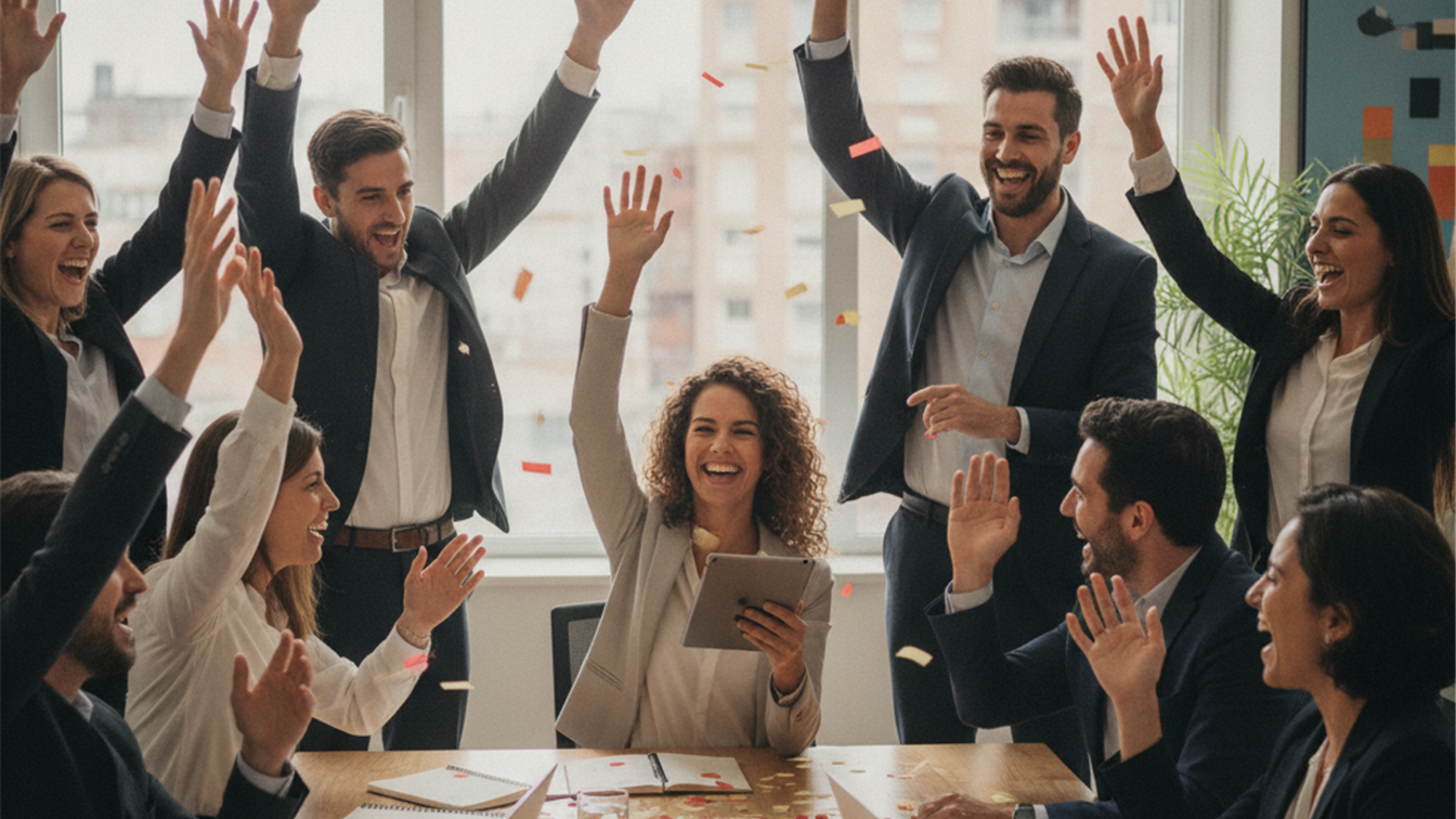 equipo profesional celebrando buenas noticias de empleo en oficina española