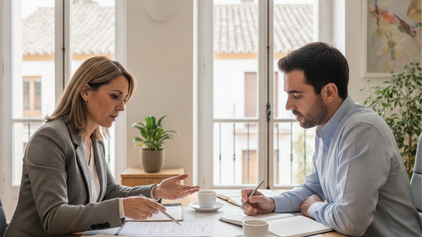 Coach de carrera revisando un currículum con un candidato en España