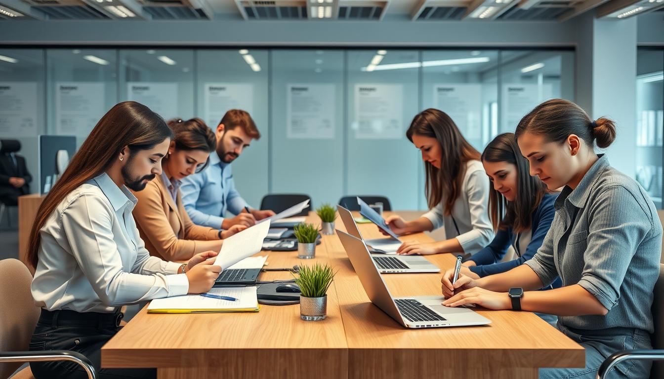 Trabajadores registrándose en una empresa de trabajo temporal en España
