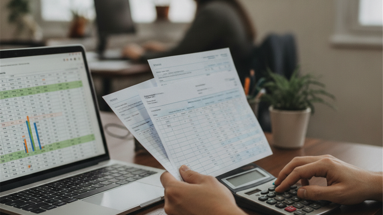 Persona calculando el finiquito con documentos y calculadora en una oficina española