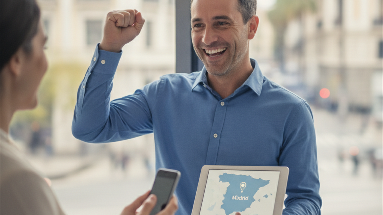 Trabajador recibiendo buenas noticias sobre empleo en Espana