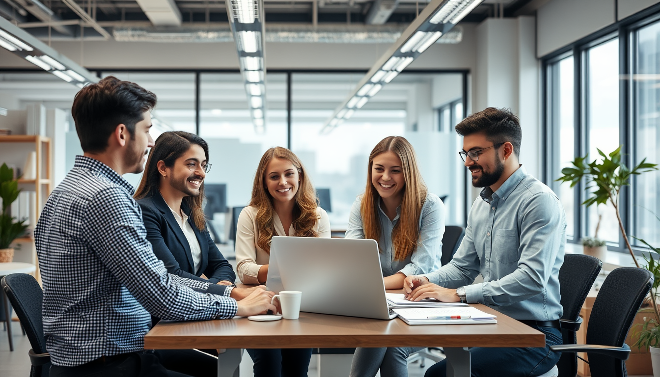 Equipo profesional trabajando en oficina en Espana