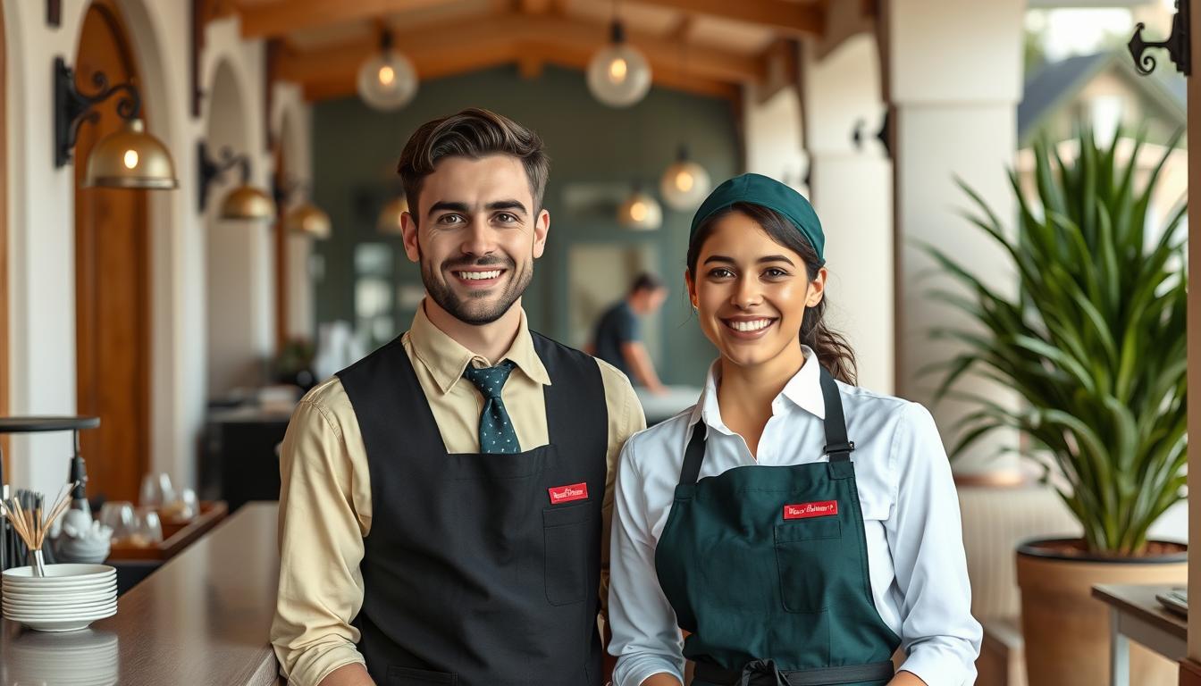 Trabajadores de hostelería sonriendo en verano en España