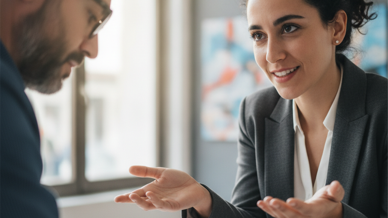 Persona respondiendo con confianza en una entrevista de trabajo en España