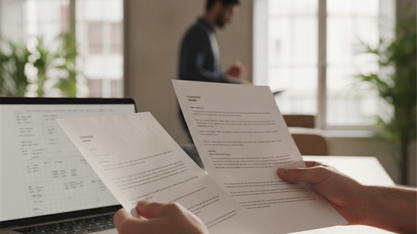 Documentos de CV en manos de una persona antes de una entrevista de trabajo en España