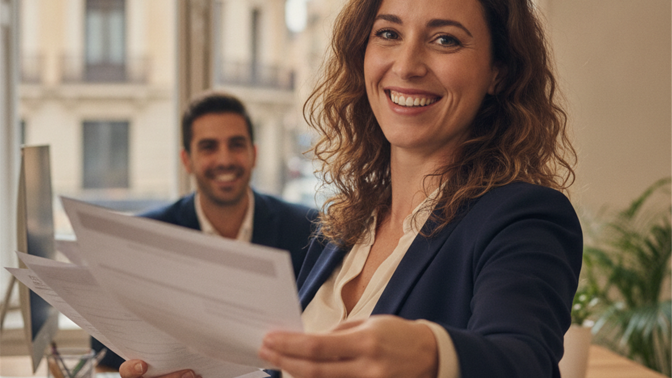 persona con documentos de oferta de empleo en la mano