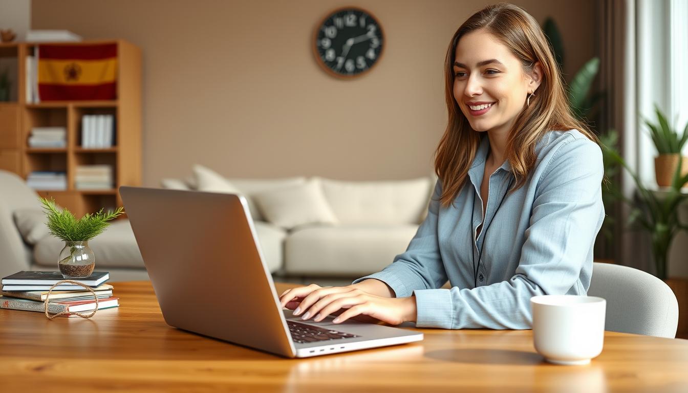 Profesional en videollamada de trabajo remoto desde casa en España