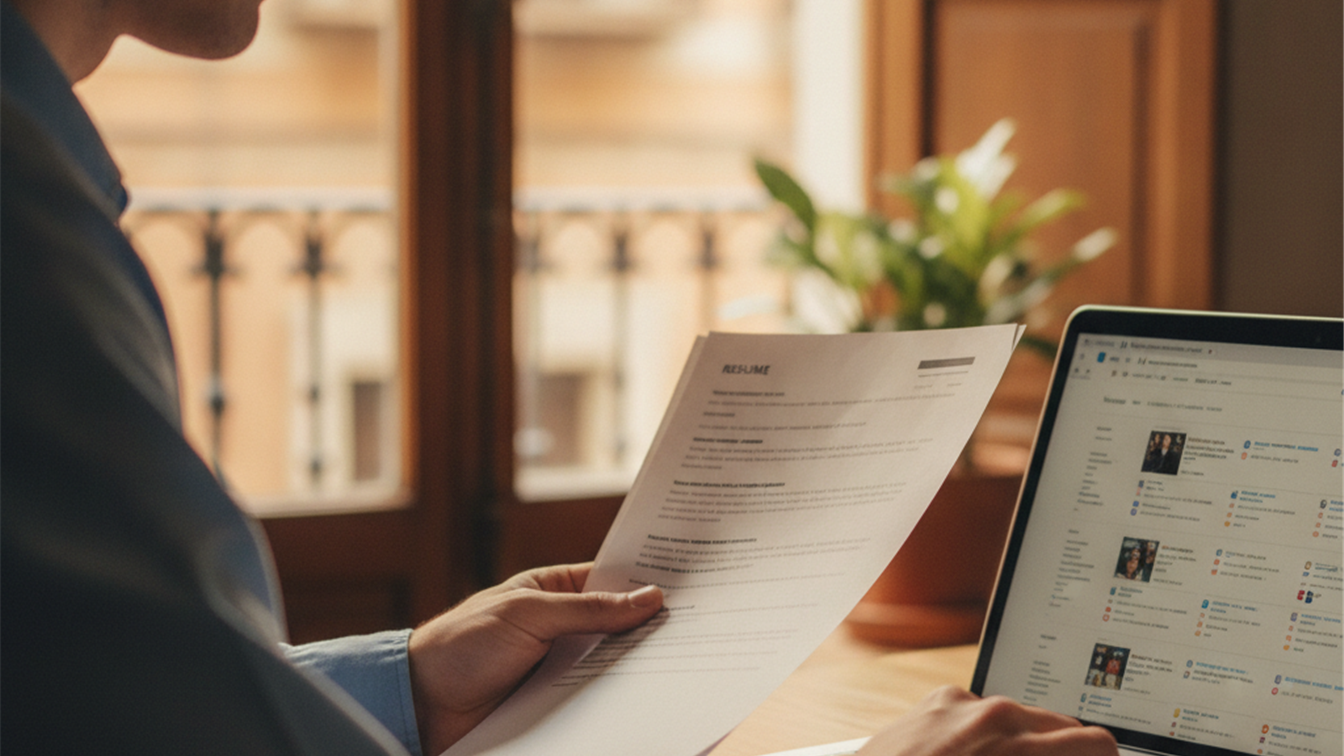 Persona revisando ofertas de empleo con su curriculum en España