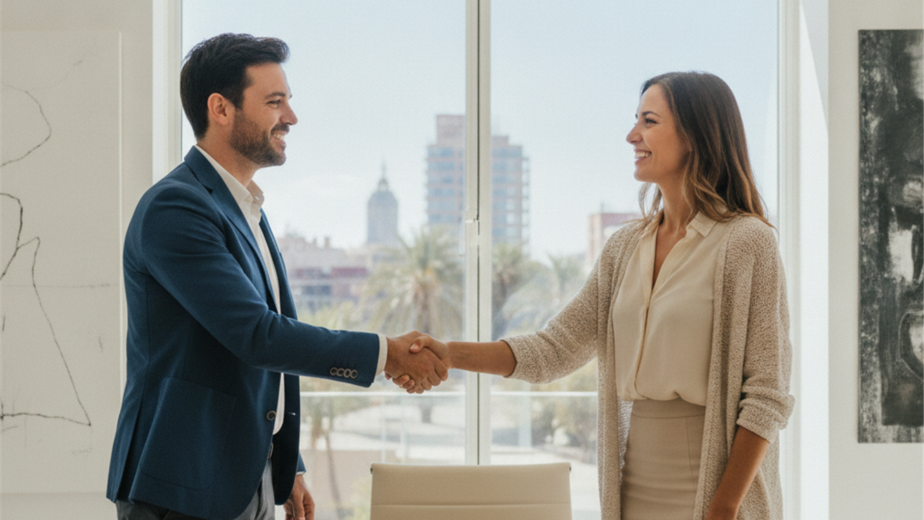 Dos personas dandose la mano tras negociar salario