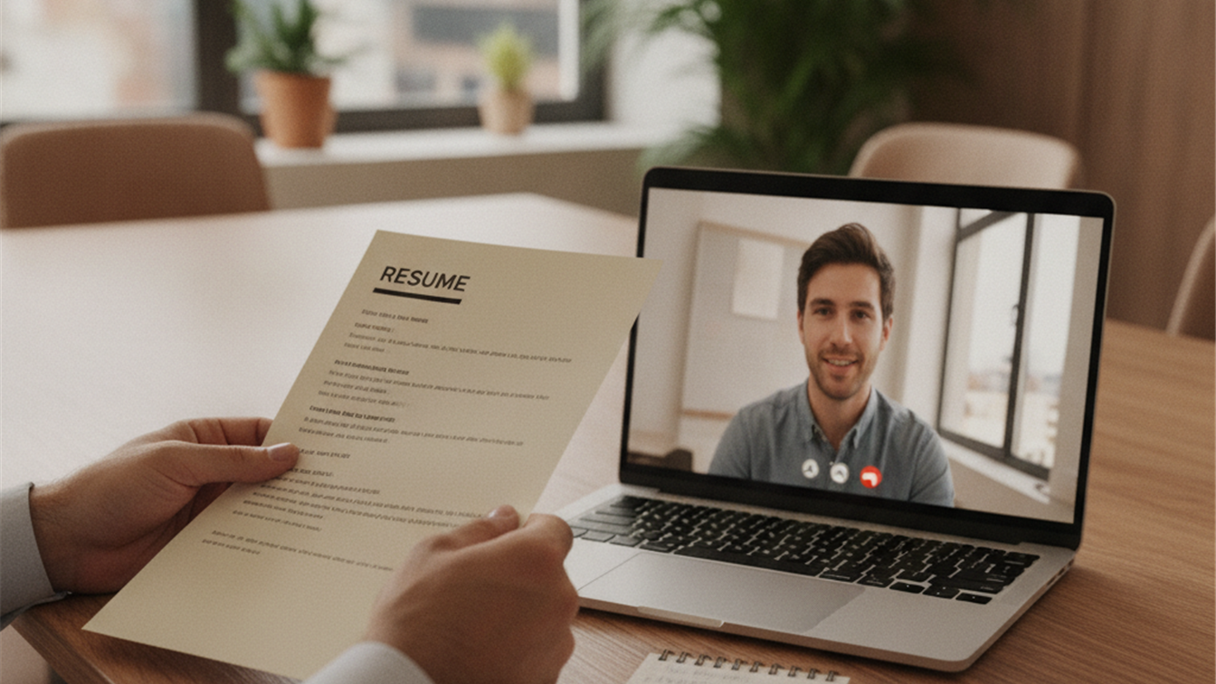 Persona con documentos preparando entrevista de trabajo