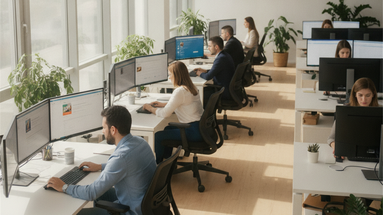 Trabajadores buscando empleo en oficina moderna en España
