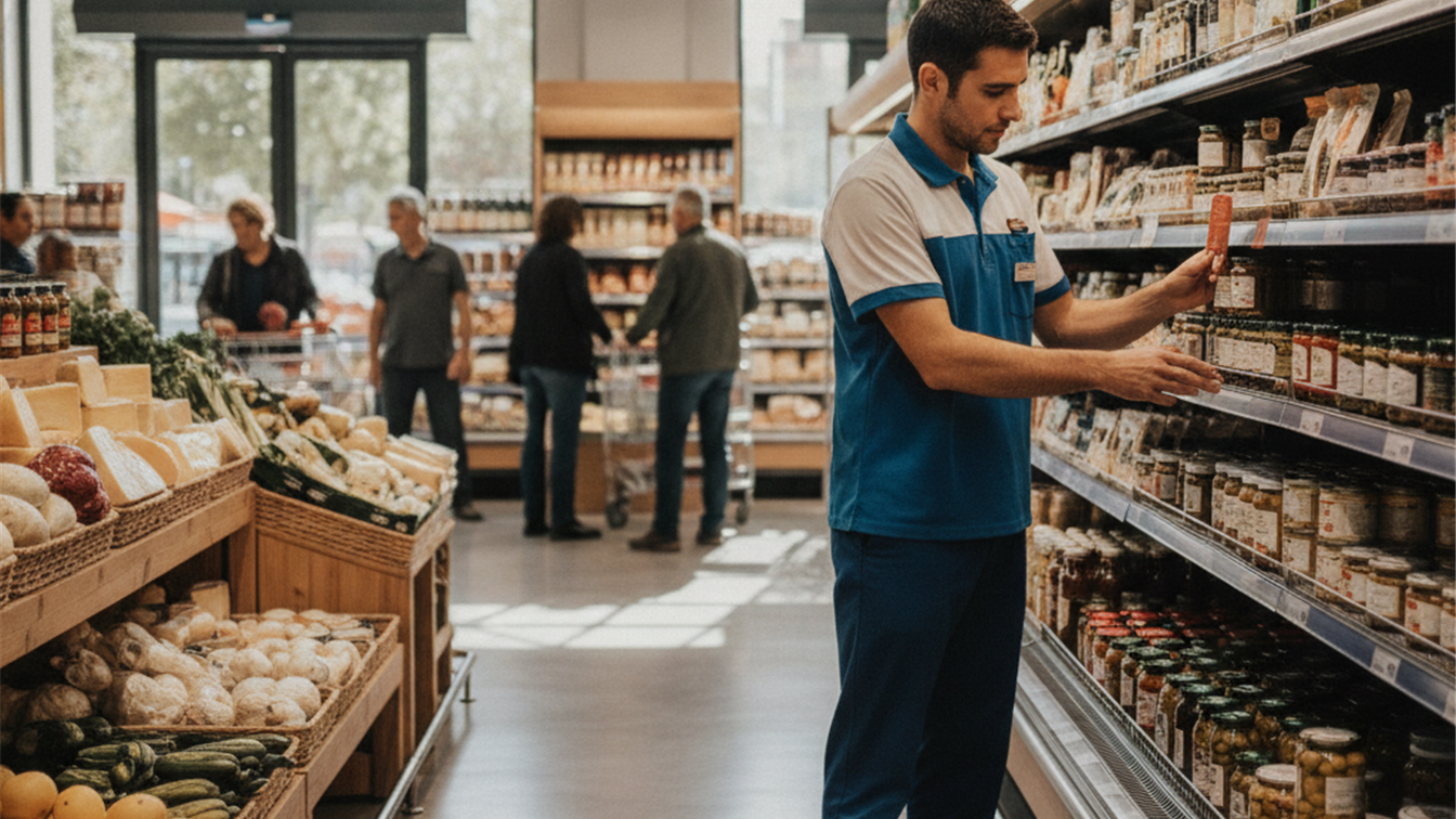 Trabajador reponiendo estanterías en supermercado en España