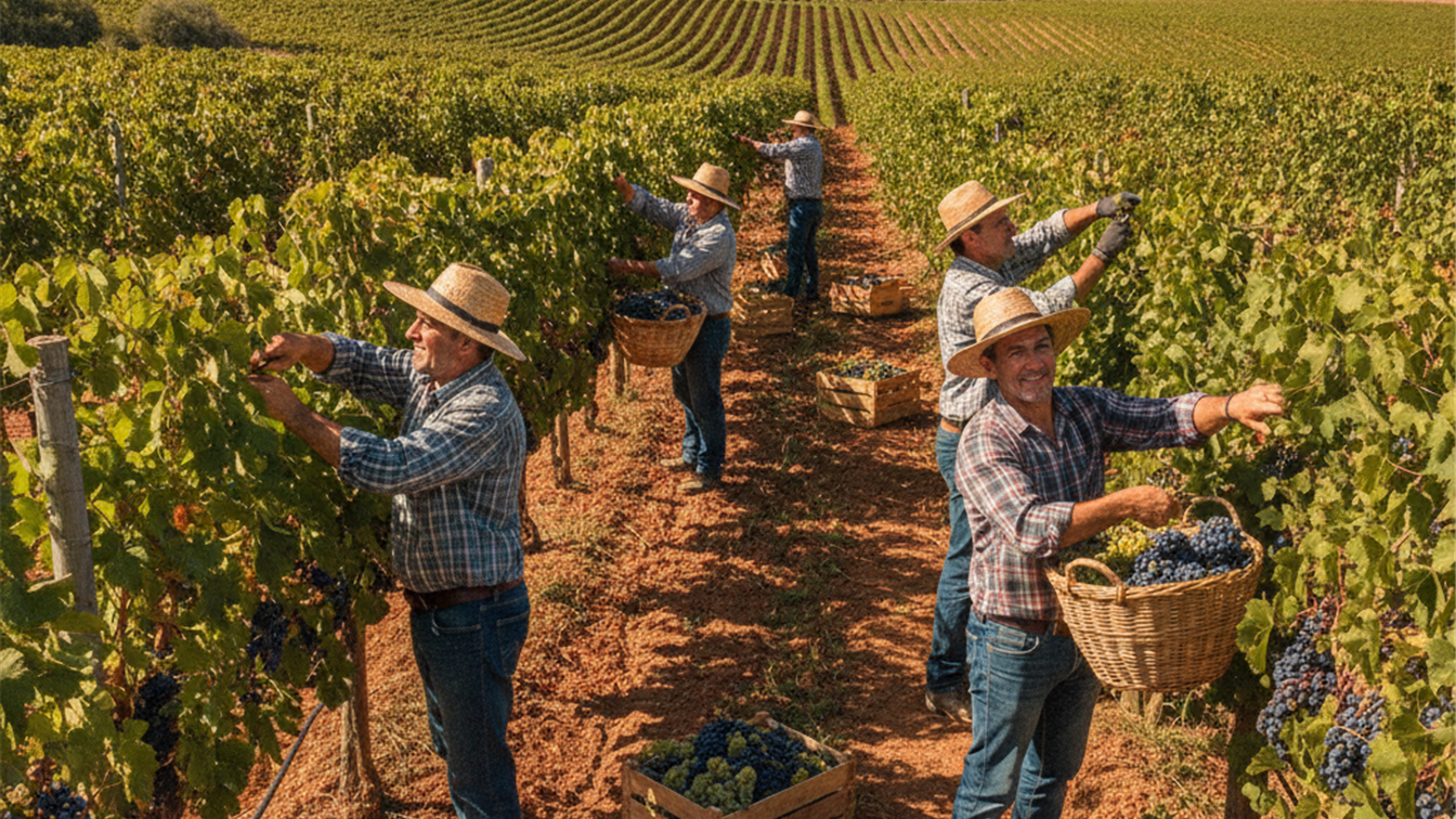 Trabajadores en la vendimia recogiendo uva en viñedo español