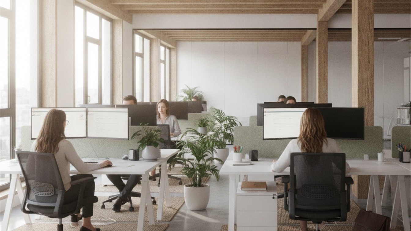 trabajadores buscando empleo en oficina moderna en España