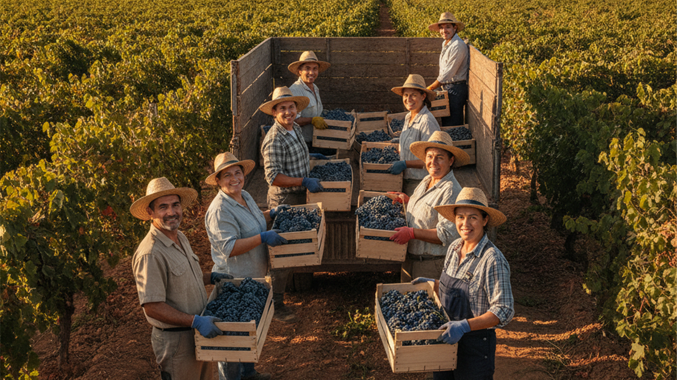 Trabajadores del campo cargando cajas de la vendimia en España
