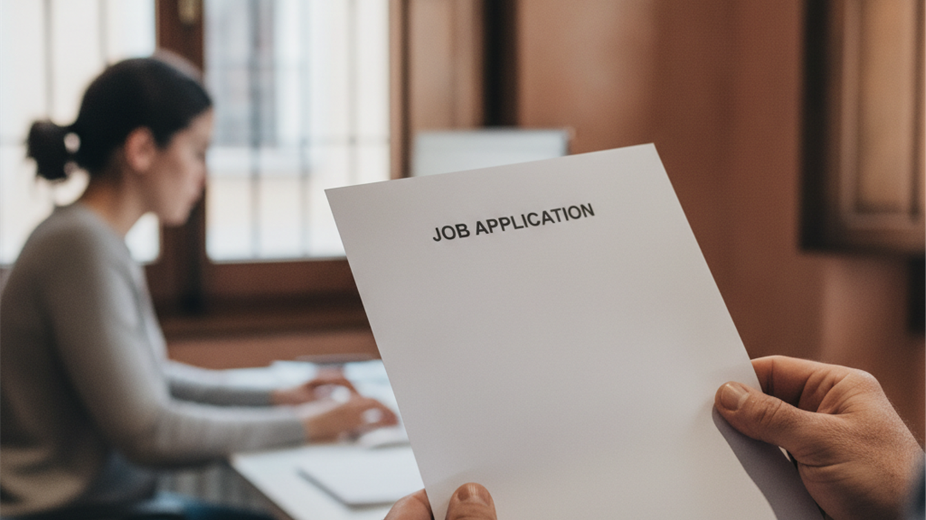 Persona entregando su currículum en una entrevista de trabajo en España