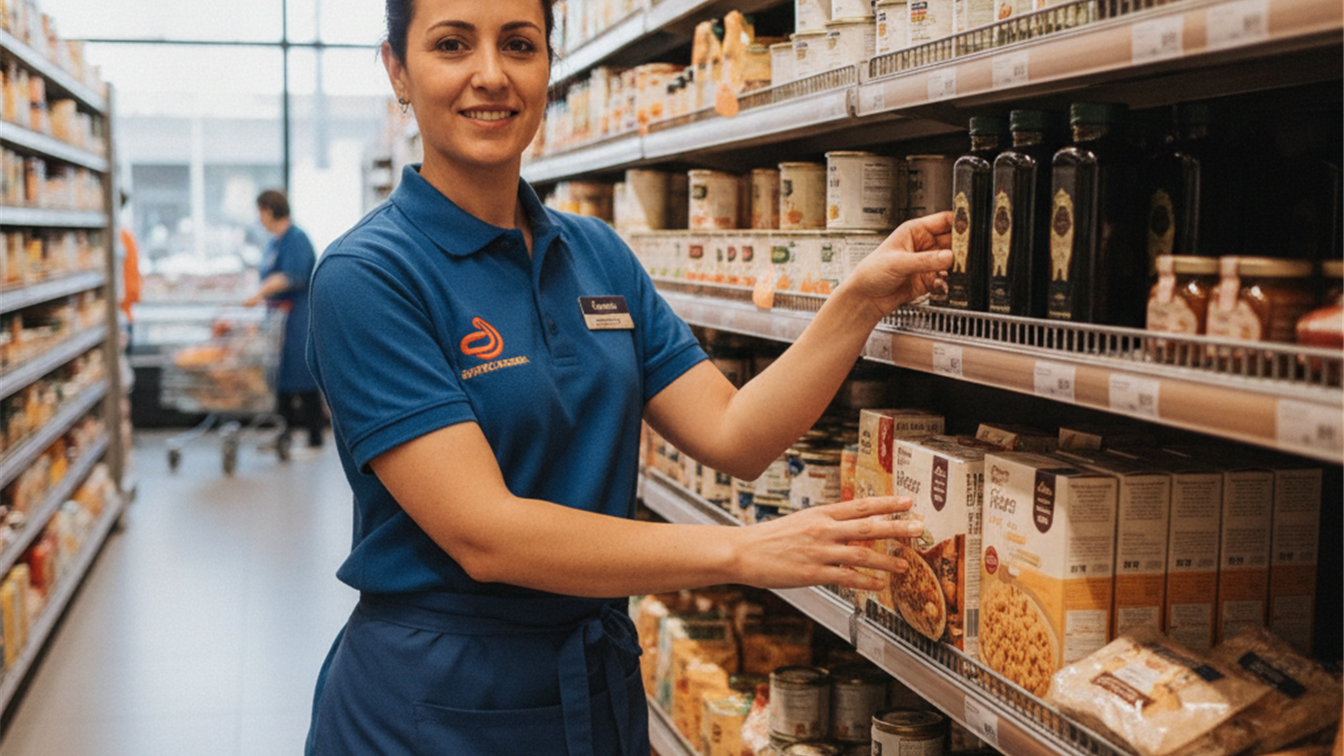 Empleada reponiendo estanterías en supermercado español