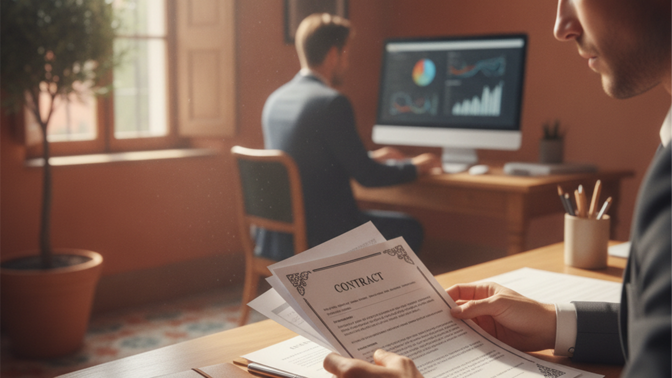 Persona revisando documentos de oferta de empleo en oficina española
