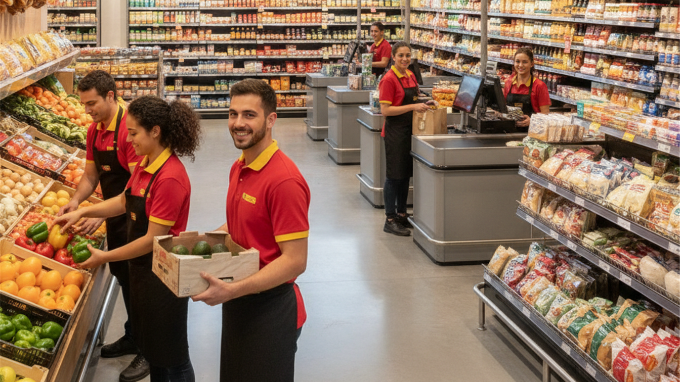 equipo trabajando en supermercado español