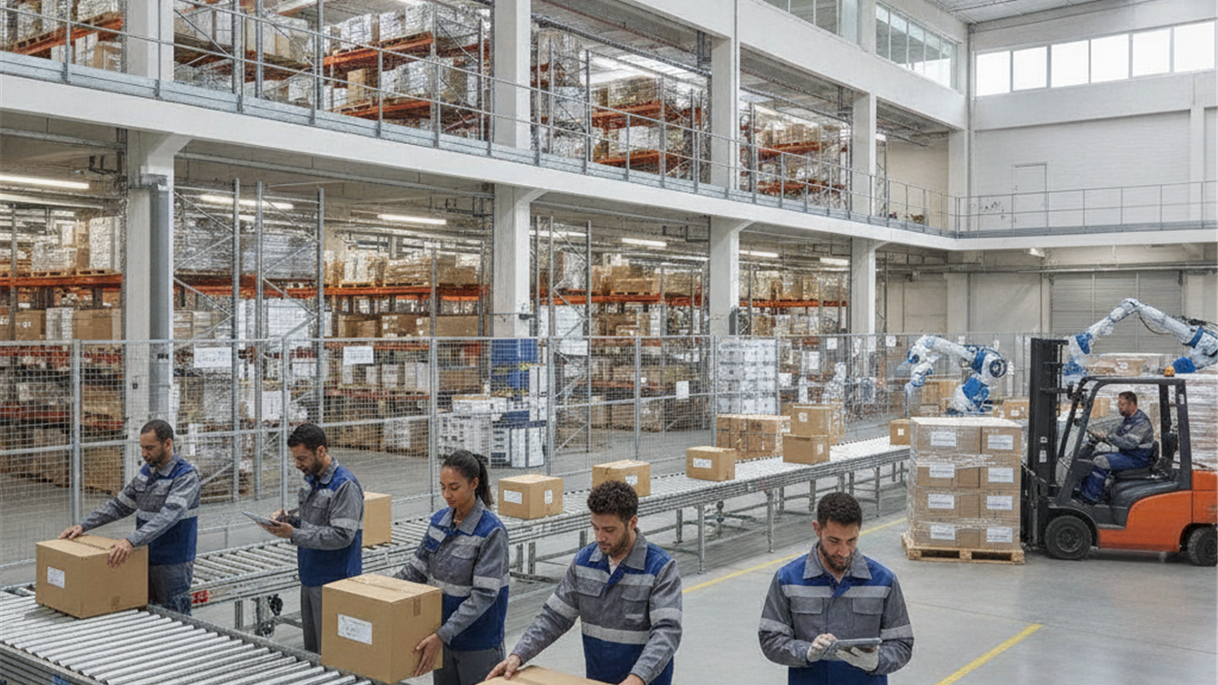 Trabajadores logisticos organizando paquetes en centro de distribucion en Espana