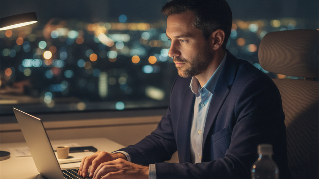 Persona trabajando horas extra en oficina España