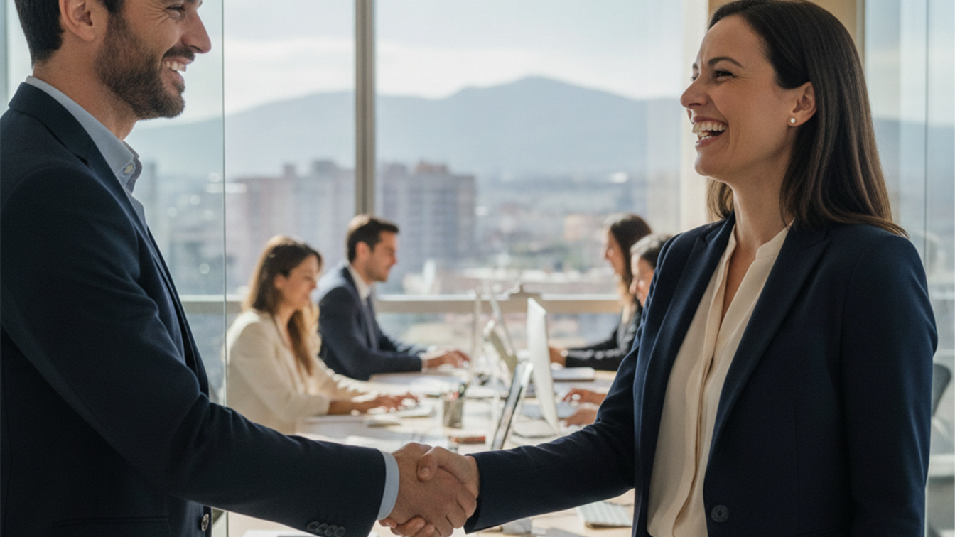 Dos profesionales dándose la mano tras una negociación salarial exitosa en una oficina en España