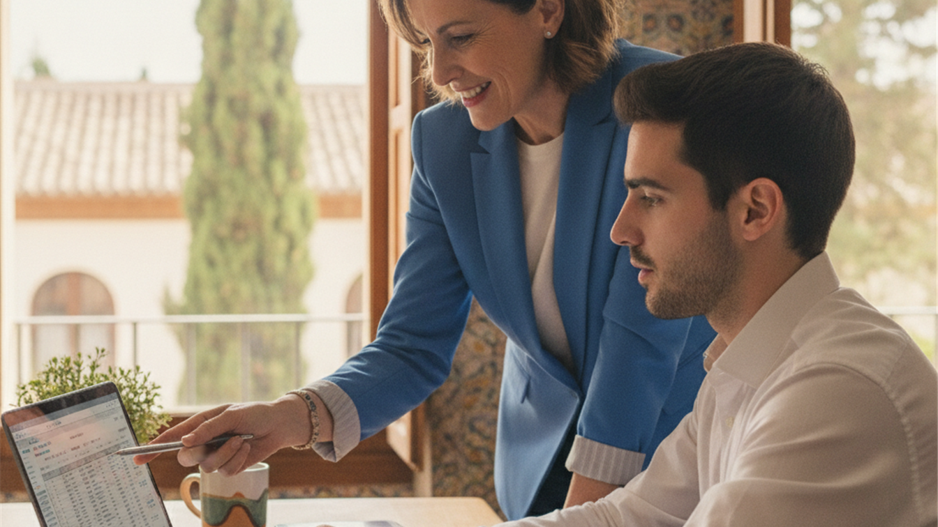 Compañero mentor ayudando a nuevo empleado en periodo de prueba