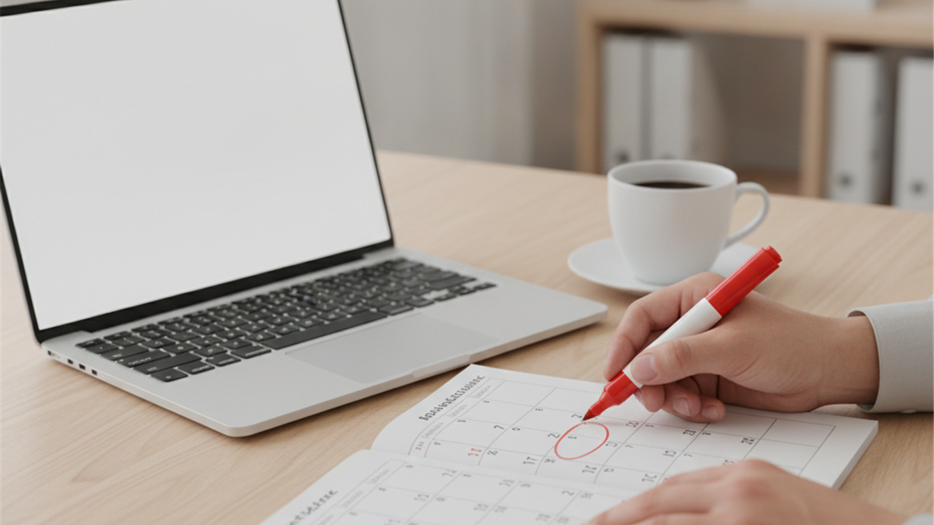 Calendario laboral marcado con fechas de vacaciones sobre un escritorio de oficina