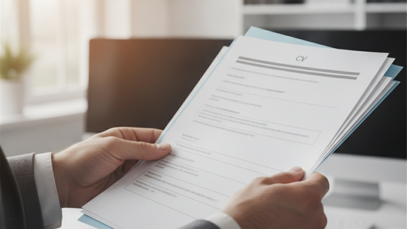 Persona revisando currículum y documentos de empleo en España