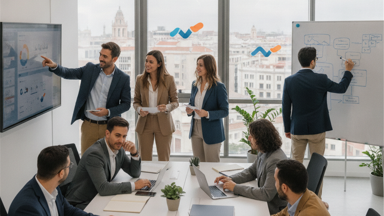 Profesionales trabajando en equipo en empresa española