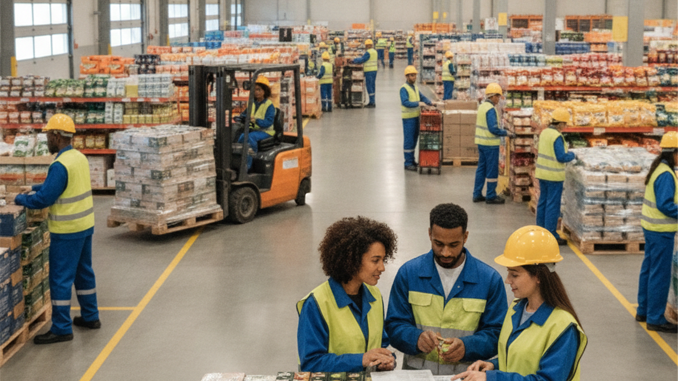 Equipo de trabajadores en centro de distribución español
