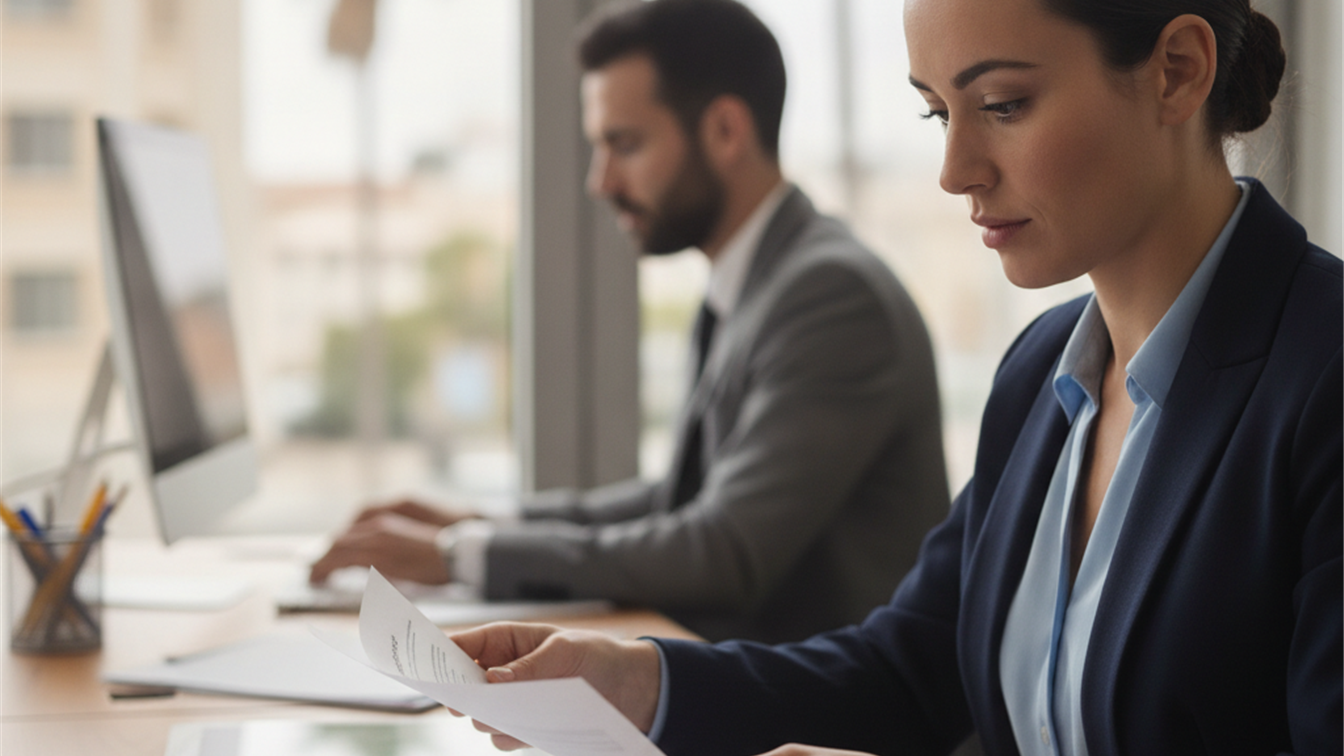 Persona revisando documentos de solicitud de empleo en oficina española