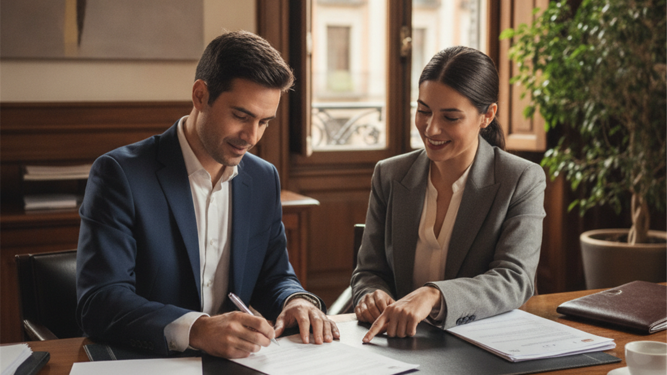 Trabajador firmando contrato de empleo en empresa española