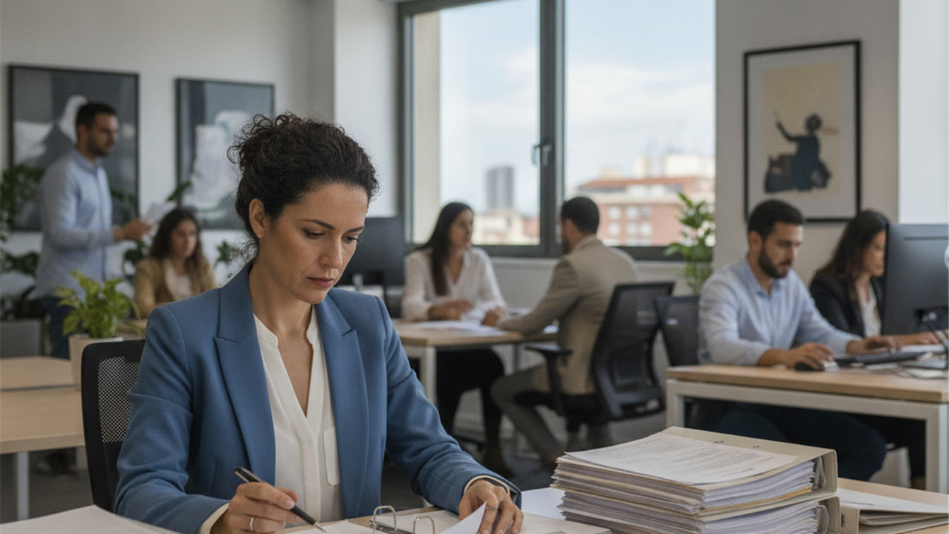 Trabajador revisando documentos en empresa española