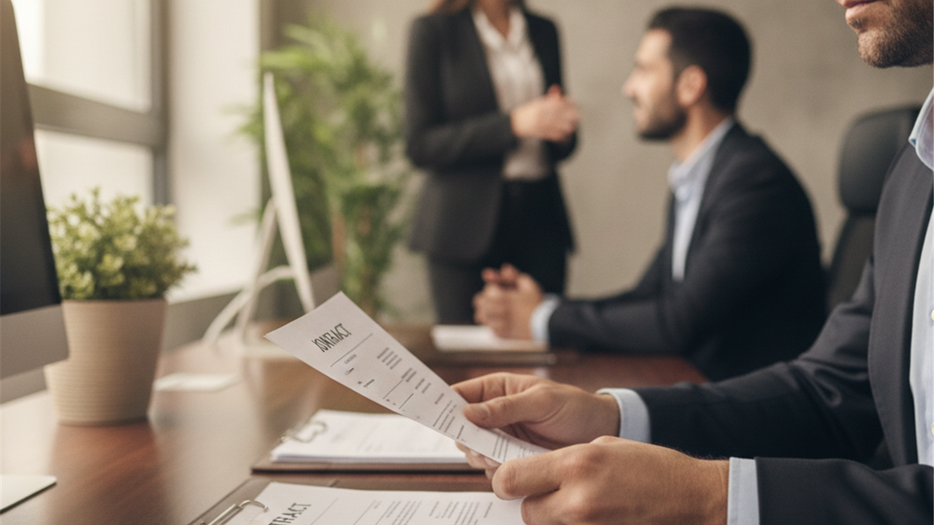 Trabajador revisando contrato de trabajo en oficina, empleo formal septiembre 2026 España