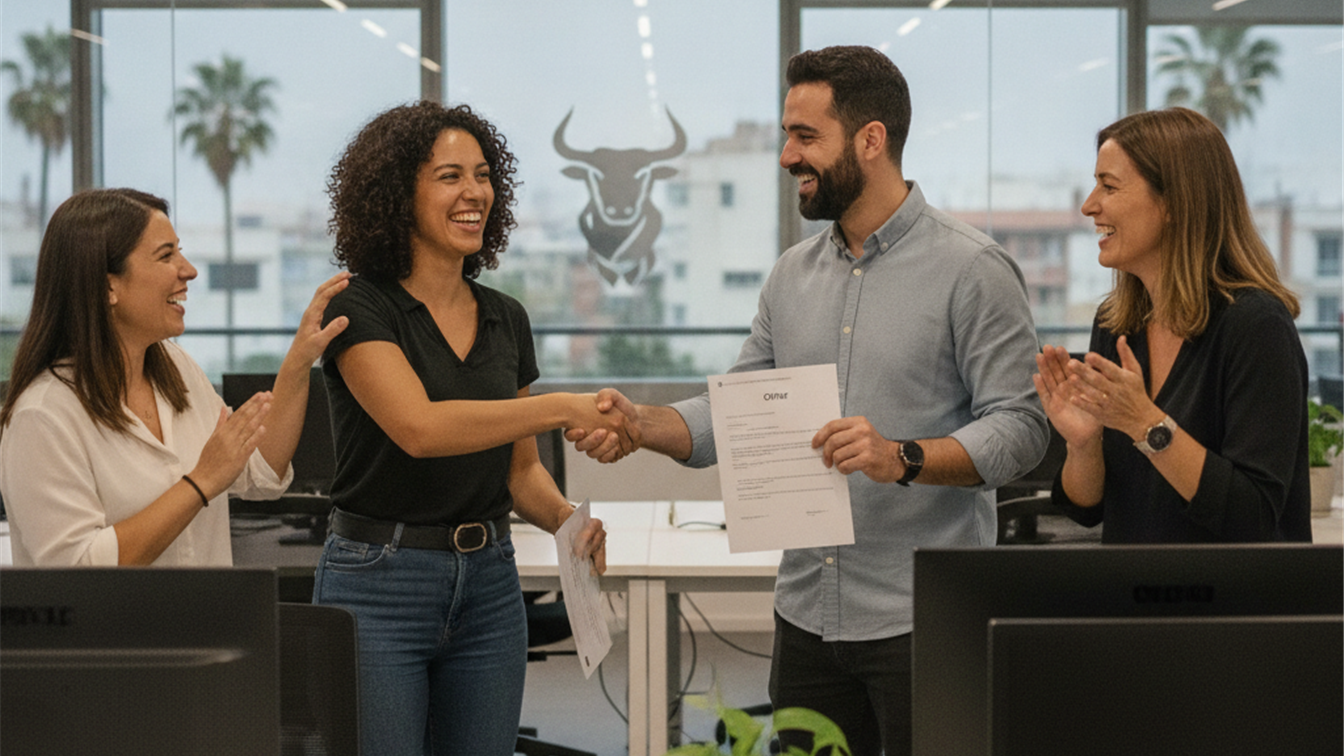Equipo de trabajadores en empresa española recibiendo buenas noticias de empleo