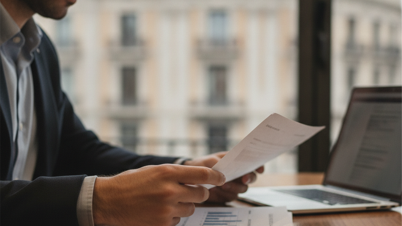 Persona revisando documentos de empleo con portátil al fondo en oficina española