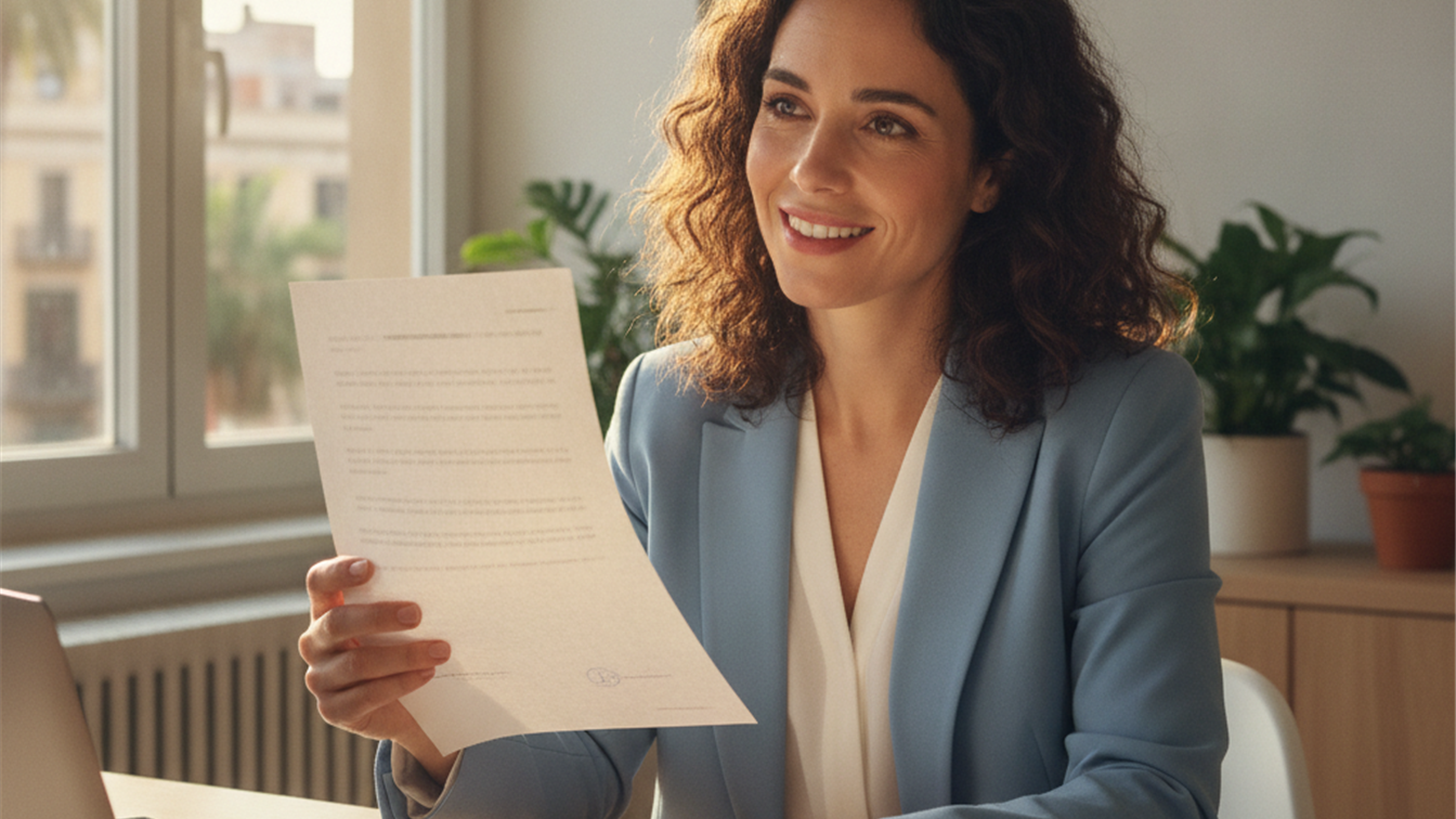 Profesional español revisando documentos de oferta de trabajo en septiembre 2026