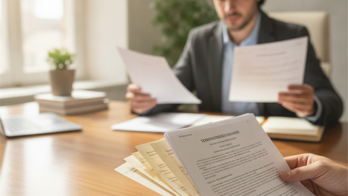 Documentos de finiquito y contrato laboral en manos de trabajador