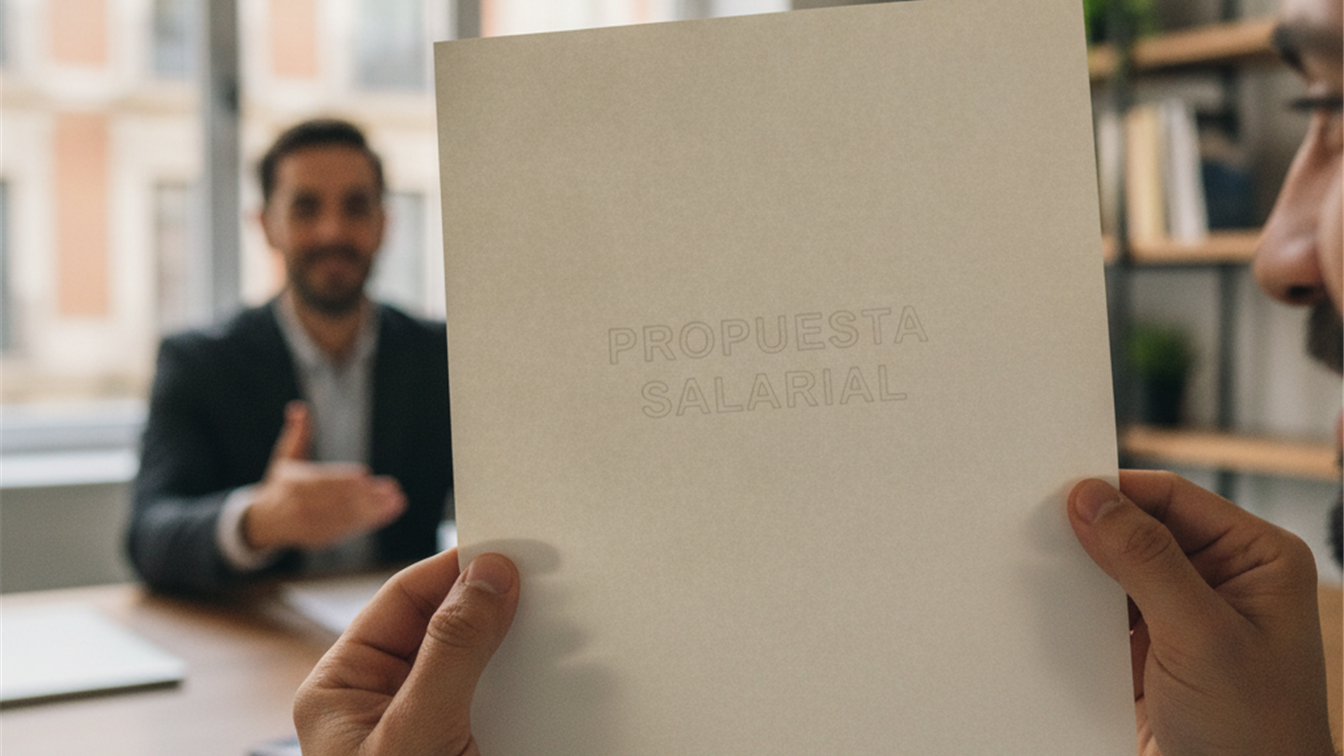 Profesional revisando documentación de oferta salarial en oficina española