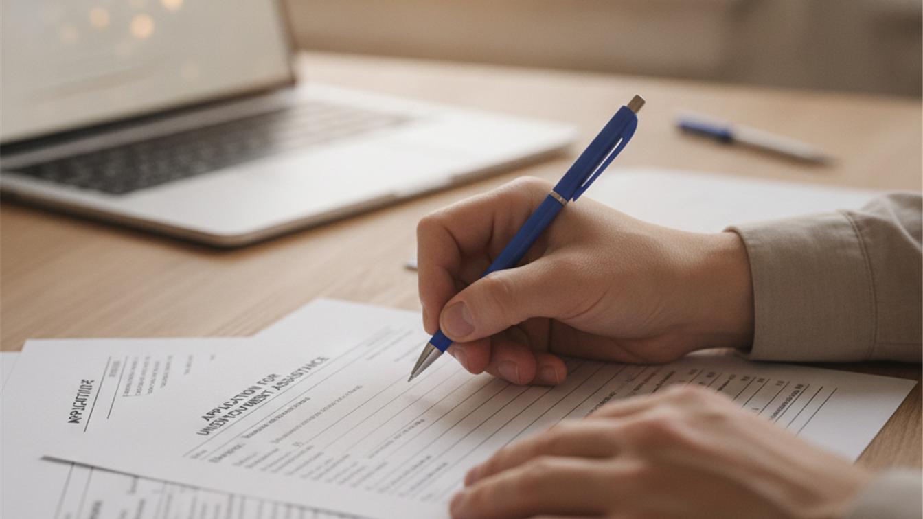 Persona rellenando formularios de solicitud de paro en España