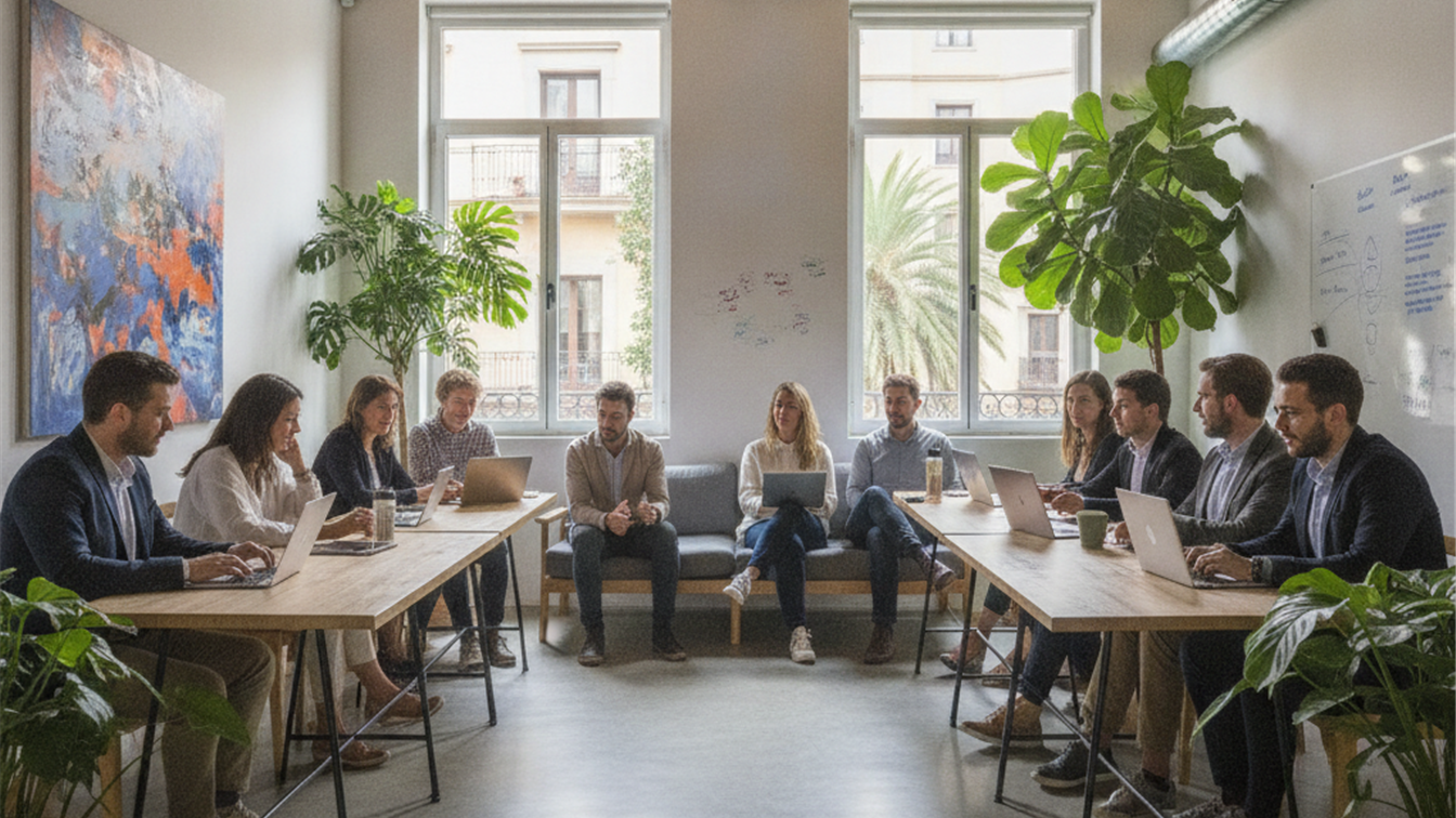 Equipo de profesionales trabajando en remoto en coworking en España